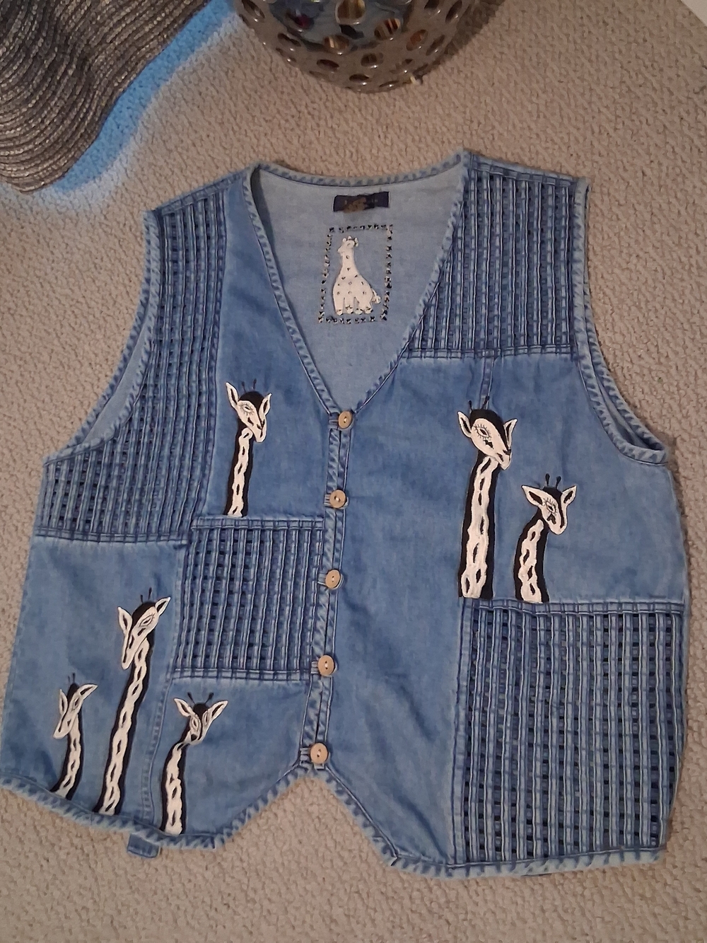 Life Style Vintage Denim Giraffe Embroidered Vest - Blue